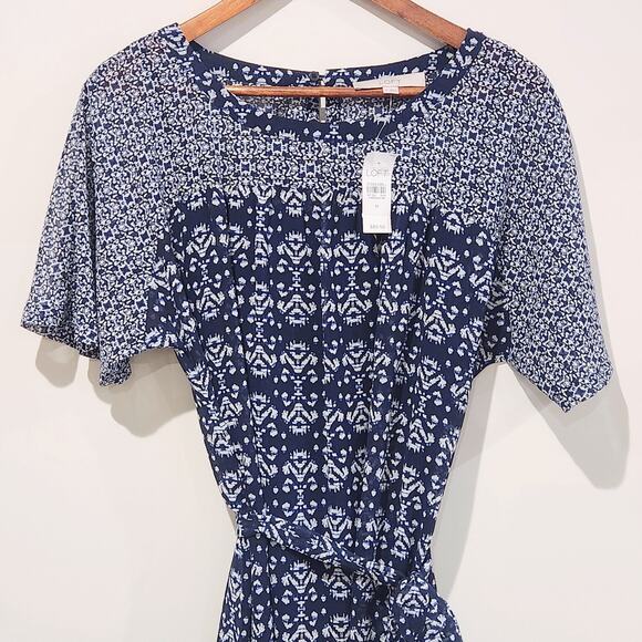 LOFT Womens Navy Blue White Aztec Print Belted Midi Dress Size Medium NEW Summer - Picture 3 of 12